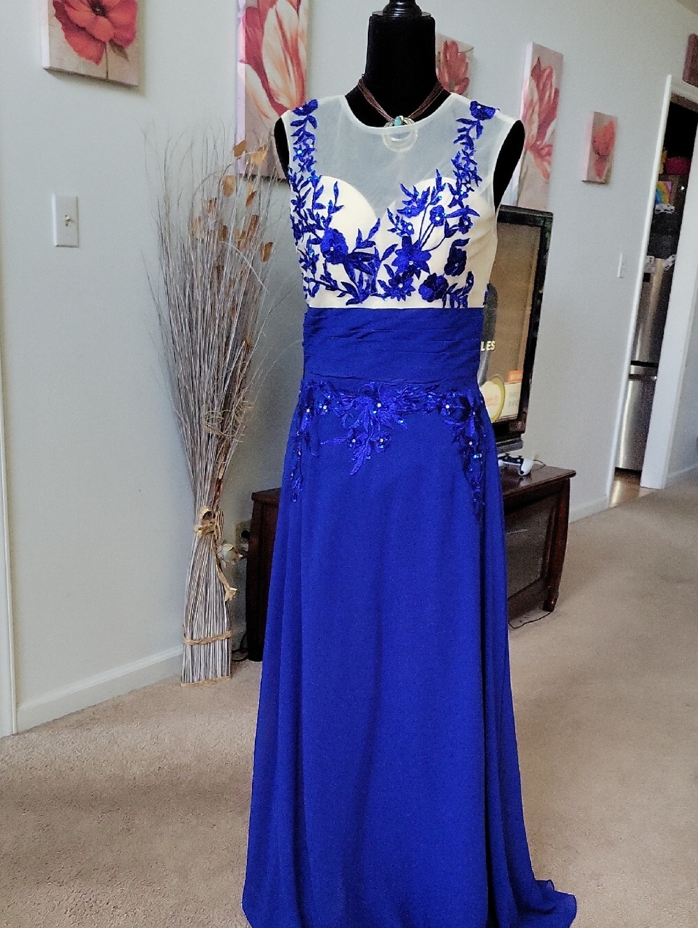 Royal Blue and Ivory Appliqué Maxi Dress